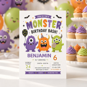 Cute Monster Halloween Kids Birthday Party Invitation