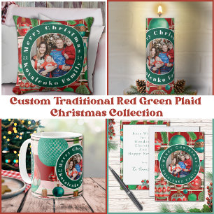 Custom Family Photo Red Green Plaid Holiday Throw Pillow
