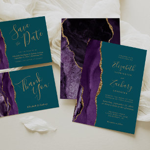 Modern Purple Gold Agate Teal Wedding Invitation
