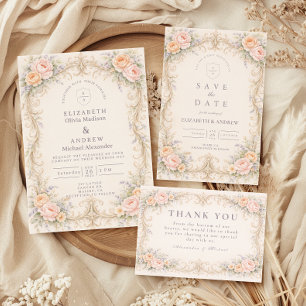 Blush Peach Baroque Rose Wedding Thank You Card