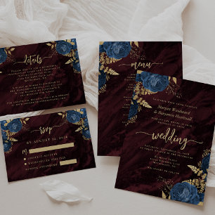 Navy Blue Gold Floral Burgundy Wedding Invitation