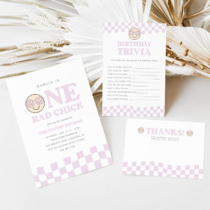Groovy Girl Checkered Happy Face   1st Birthday Invitation