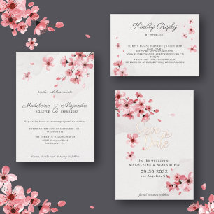Pink cherry blossom romantic wedding Save the date Foil Invitation