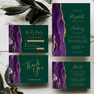 Modern Purple Gold Agate Emerald Green Wedding Invitation