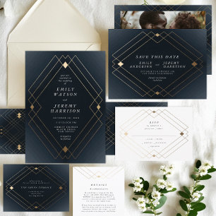 Gold Diamond Navy Geometric Deco Gatsby Wedding RSVP Card