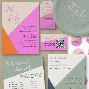 Oh Baby Pink Orange Tricolor Simple Baby Shower Invitation