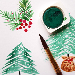 Hand Painted Watercolor Pine Wreath And Red Berry Holiday Postcard