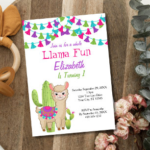 Whole Llama Fun Pink Purple Cactus 2nd Birthday Invitation