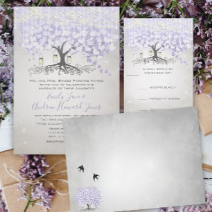 Fairy Lights Mason Jar Lavender Leaf Tree Wedding Invitation