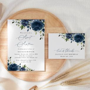 Navy Blue Flowers, Greenery, Boho, Sweet 16 Invitation