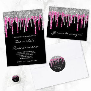Black Silver Pink Glitter Drip Quinceañera Gracias Postcard