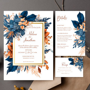 Navy Blue Orange Floral Elegant Wedding Save The Date