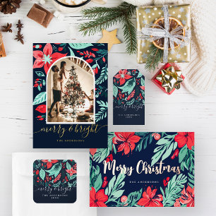 Christmas Blue Botanical Red Floral Pattern Gold Foil Holiday Card