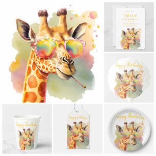 Summer Vibes Watercolor Giraffe - Happy Birthday Paper Plates
