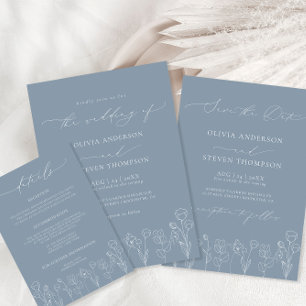 Dusty Blue Modern Minimalist Floral Bridal Shower Invitation