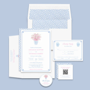 Preppy Greek Key Pink Blue Return Address Envelope