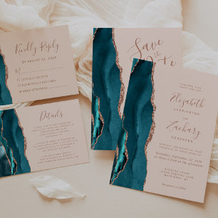 Chic Teal Rose Gold Agate Blush Pink Wedding Invitation