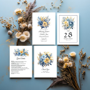 Dusty Blue and Gold Floral Wedding Thank You Card