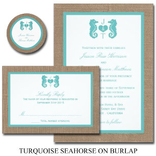 Turquoise Seahorse Burlap Beach Wedding Collection Invitation