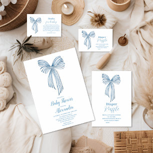 Cute Blue Bow Ribbon Baby Boy Shower  Invitation