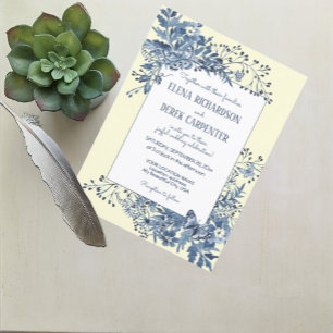 Dusty Blue, Pale Yellow Floral Watercolor Wedding Invitation