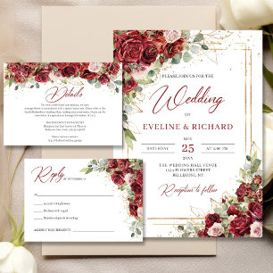Watercolor burgundy and blush roses eucalyptus invitation