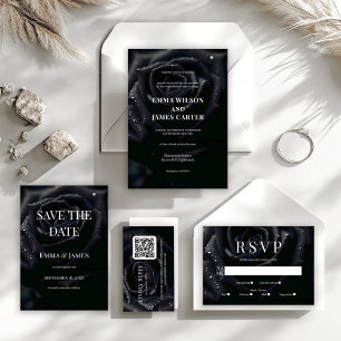 Elegant Floral Midnight Rose Black & White Wedding Save The Date