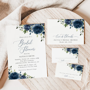 Navy Blue Flowers, Greenery, Boho, Bridal Shower Thank You Card
