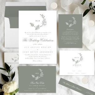 Sage Green Classic Floral Wreath Monogram Wedding Invitation