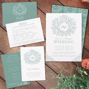 Sage green leaves circle wedding details and QR Enclosure Card