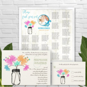 Mason Jar Pink Coral Lime Aqua Floral Wedding Invitation