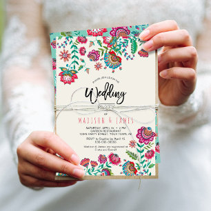 Bohemian Orange Folk Flowers Boho Chic Wedding Invitation