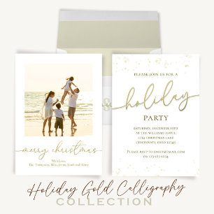 Merry Christmas Gold Elegant Calligraphy 4 Photo Holiday Card