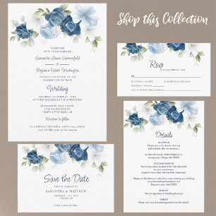 Dusty Blue Floral Watercolor Save the Date Note Card