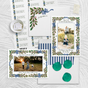 Blue Bows and Holly Garland One-Photo Christmas Holiday Card
