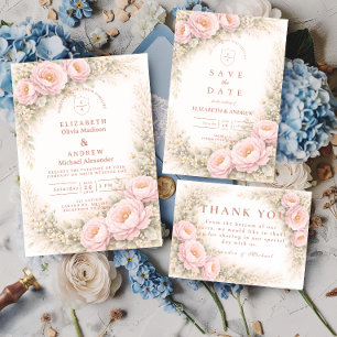 Elegant Blush Garden Rose Wedding Invitation