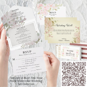 Wedding Blush Gray Pink Rose Floral Watercolor All In One Invitation