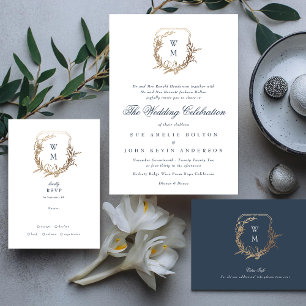 classic Navy Blue monogram wedding gold crest Invitation