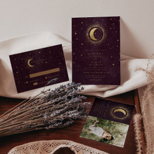 Celestial Burgundy Gold Moon And Stars Wedding Foil Invitation