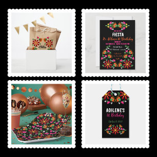 Black Ethnic Flower Fiesta Mexican Embroidery  Paper Plates