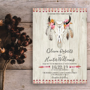 Boho Floral Feather Antlers Cow Skull Wood Wedding Invitation