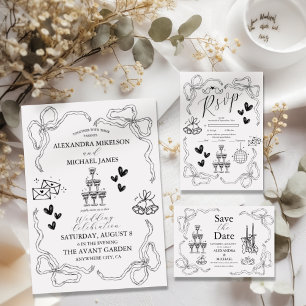 Black and White Whimsical Retro Doodle Art Wedding Acrylic Invitations