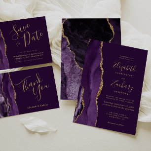Modern Purple Gold Agate Plum Wedding Invitation