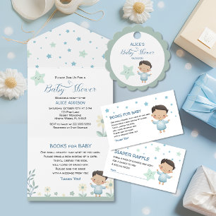 Pastel Sage Green Cute Boy with Stars& Flowers  All In One Invitation