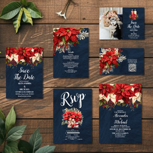 Rustic Navy Poinsettia Floral Christmas Wedding All In One Invitation