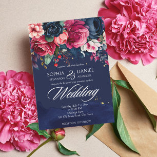 Navy blue pink vintage roses wedding modern arch invitation