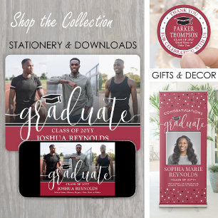 Modern Script Red White & Black 4 Photo Graduation Announcement