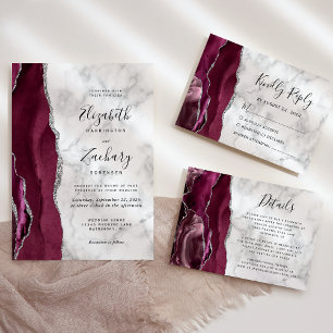 Burgundy Silver Agate Marble Wedding RSVP Card