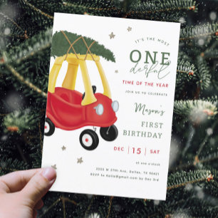 Oh What Fun Winter Car 1st Birthday Invitation