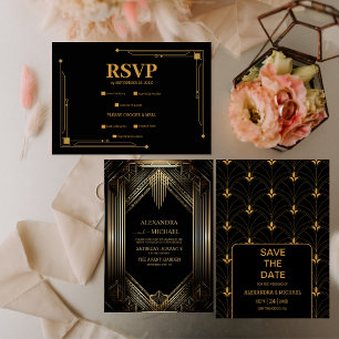 Elegant Black and Gold Art Deco  Wedding Invitation